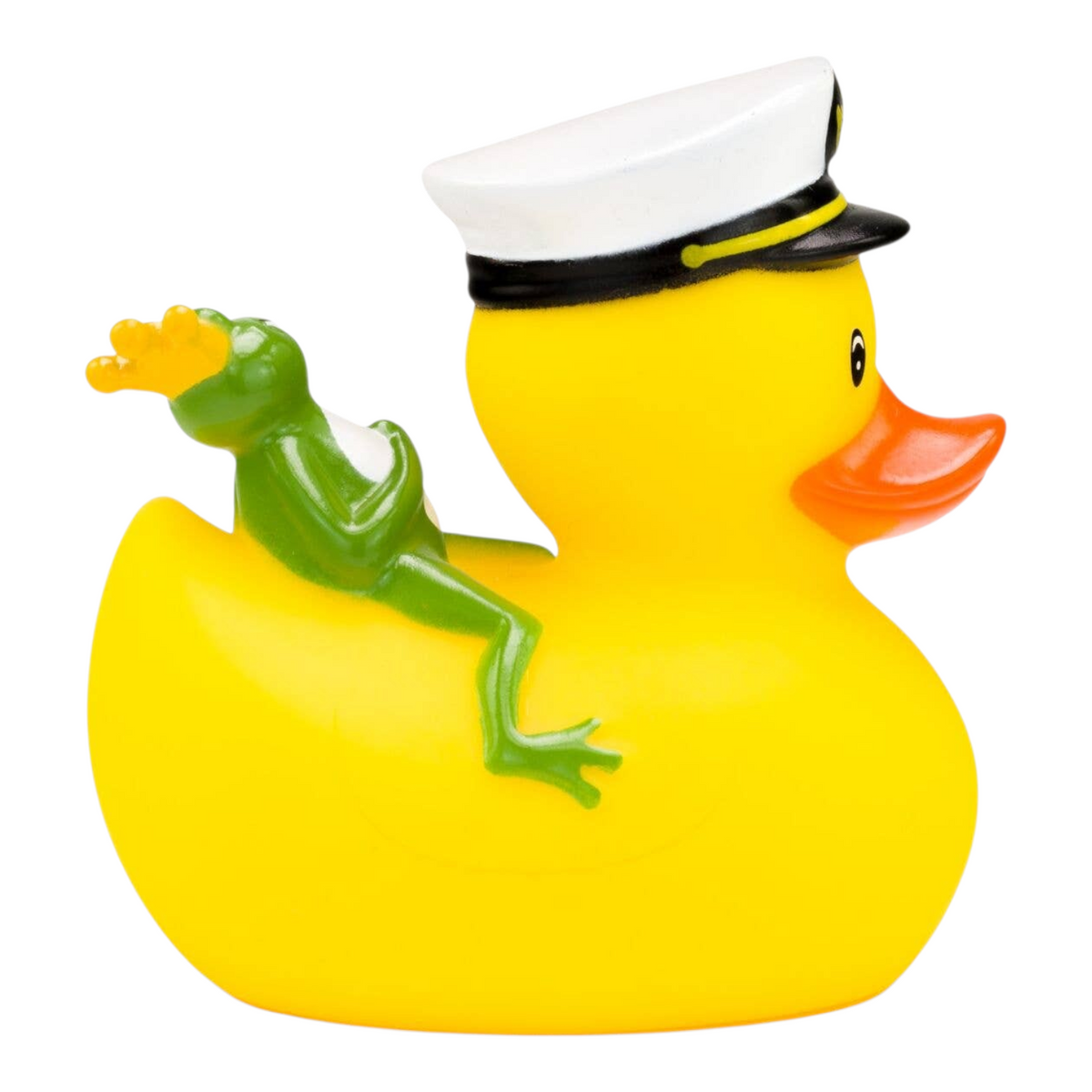 Connemara Country yellow rubber duck wearing a captain hat with a green frog king sitting on its back