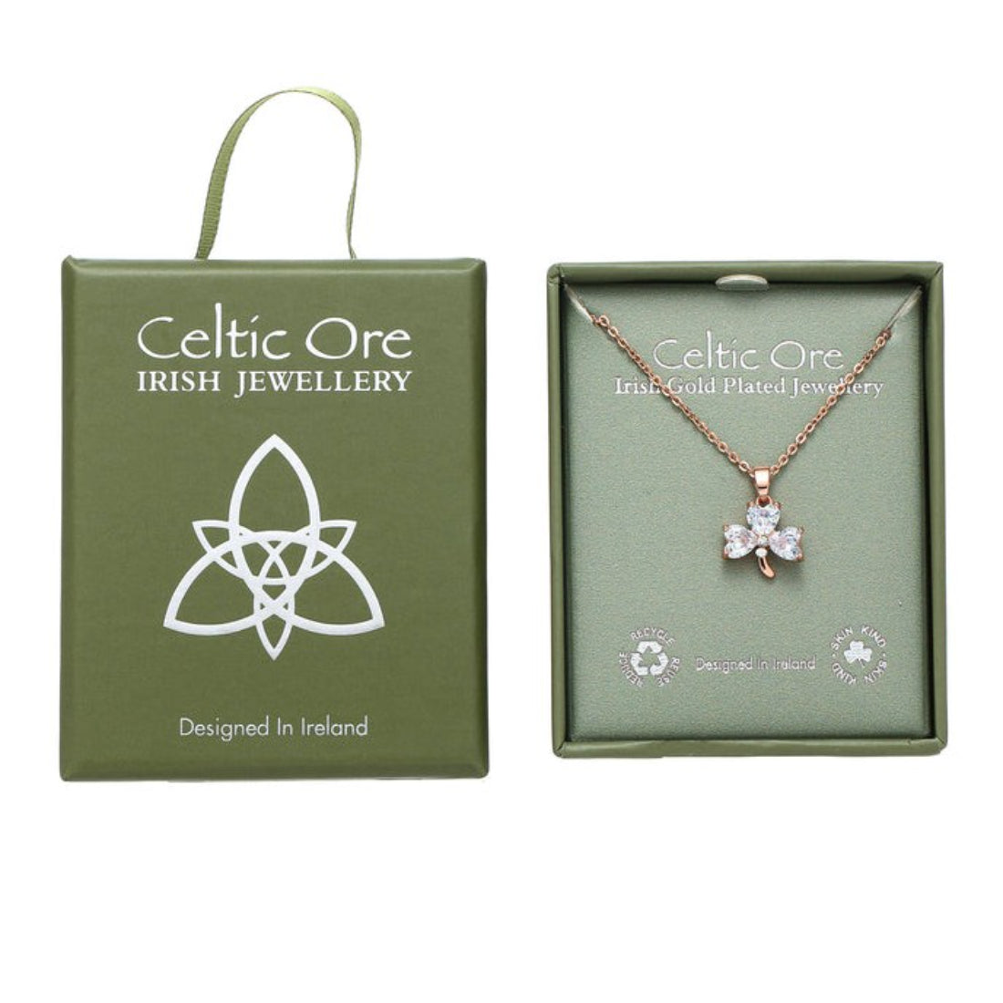 Celtic Ore 3 Stone Clear Shamrock Necklace