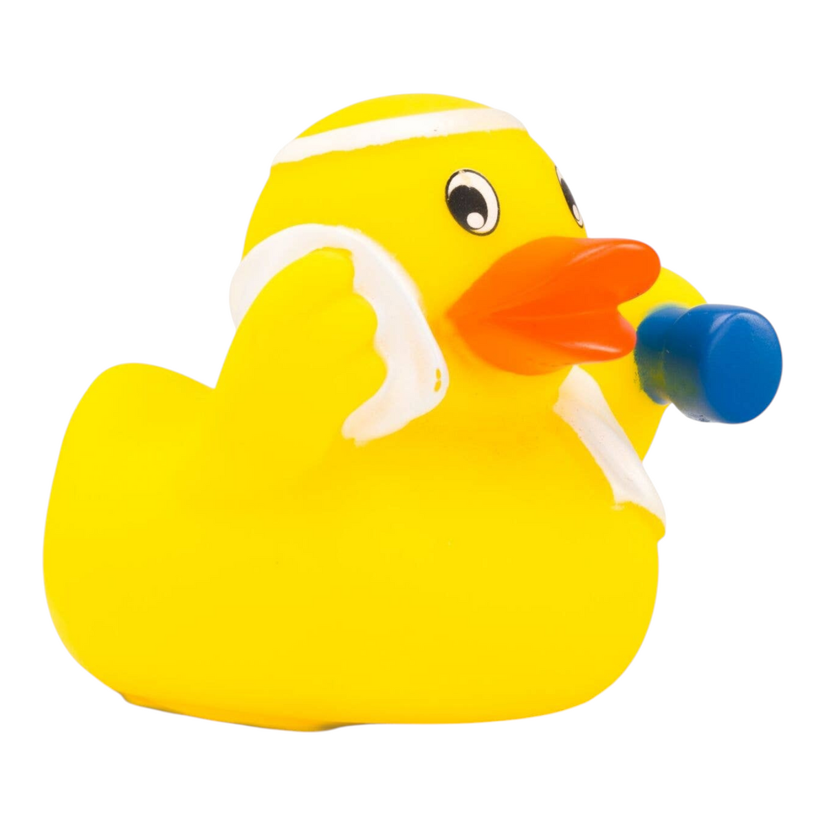 Connemara Country Herbert Hantel rubber duck wearing a headband and holding a blue dumbbell with a white towel