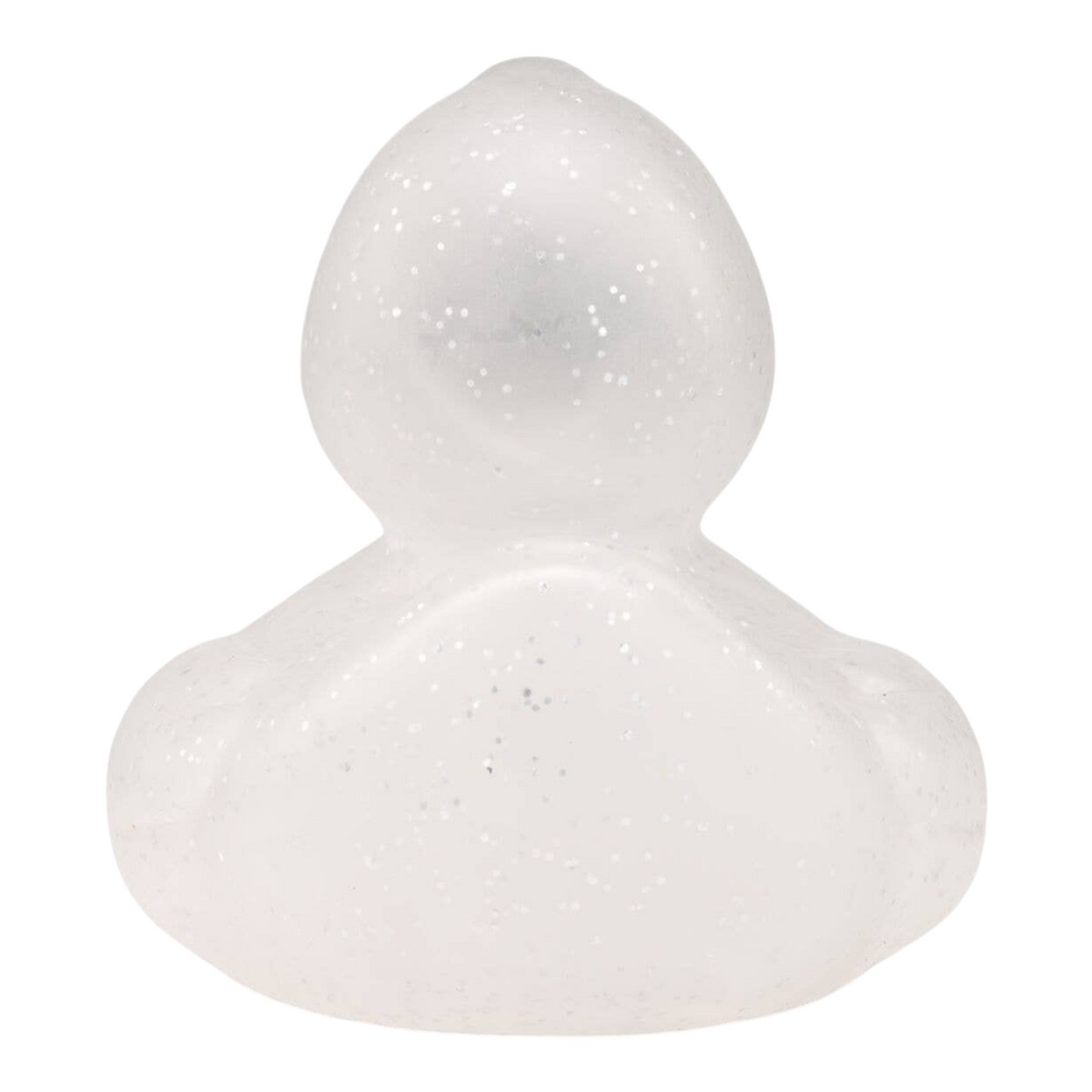 Connemara Country Silke Silver Glitter bath duck with a transparent body and sparkling silver particles, back view