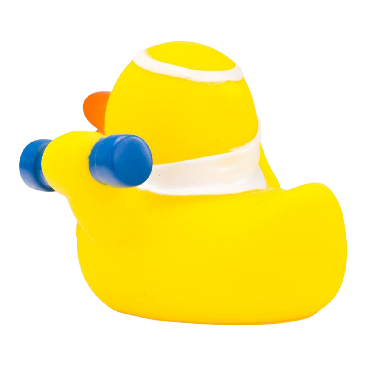 Connemara Country Herbert Hantel rubber duck wearing a white headband and holding a blue dumbbell for a workout