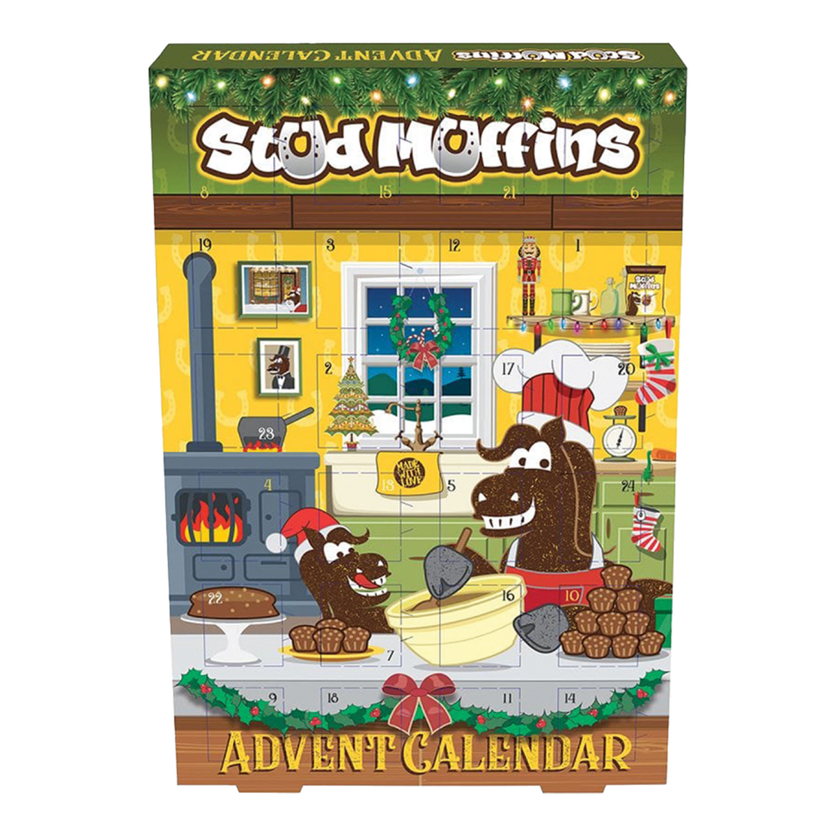 Connemara Country Stud Muffin Advent Calendar featuring festive horse illustrations and 24 mini horse treat doors.