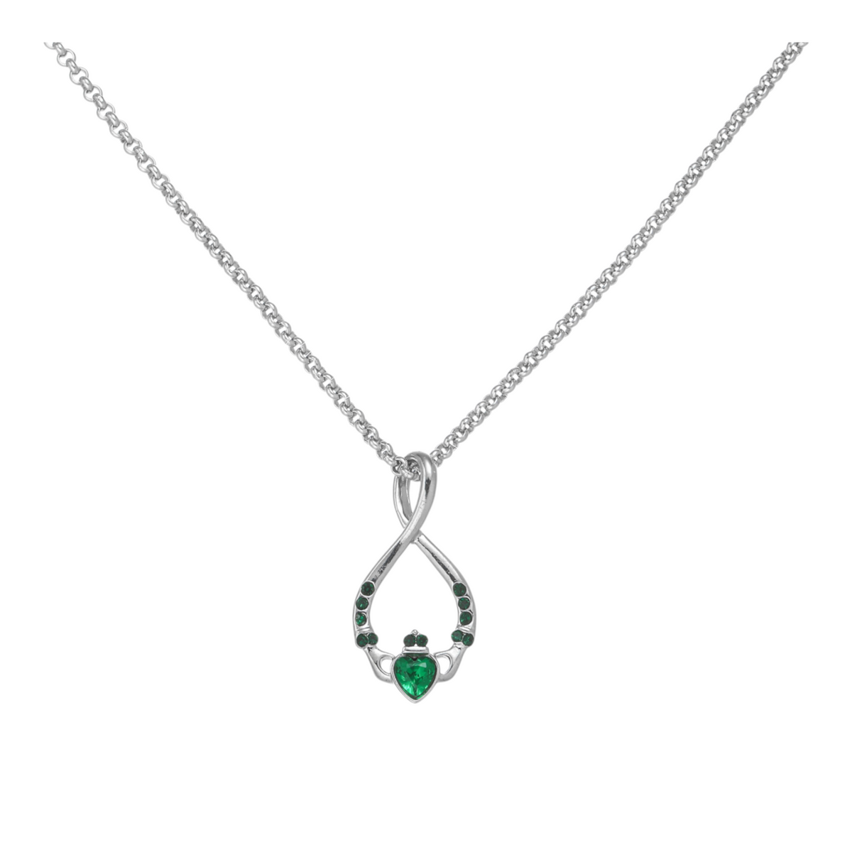 Connemara Country silver Claddagh pendant featuring a heart-shaped green stone and accent gems on a delicate chain.