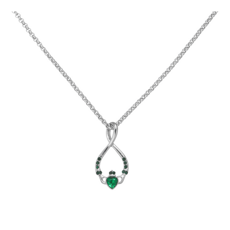 Connemara Country silver Claddagh pendant featuring a heart-shaped green stone and accent gems on a delicate chain.