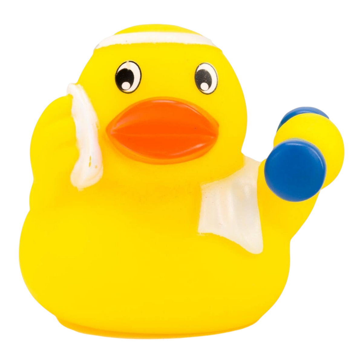 Connemara Country Herbert Hantel rubber duck wearing a white headband and holding a blue dumbbell with a towel