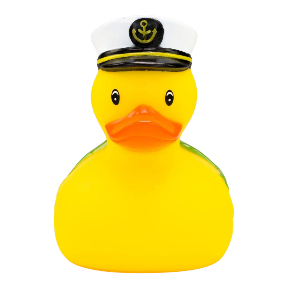 Connemara Country yellow rubber duck wearing a captain hat with a gold anchor symbol, front view.
