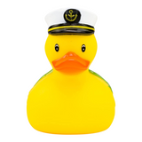 Connemara Country yellow rubber duck wearing a captain hat with a gold anchor symbol, front view.