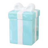 Connemara Country blue ceramic Christmas present oil burner with a white bow lid for festive home fragrance.