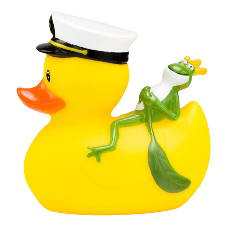 Connemara Country yellow rubber duck wearing a captain hat with a frog king sitting on its back