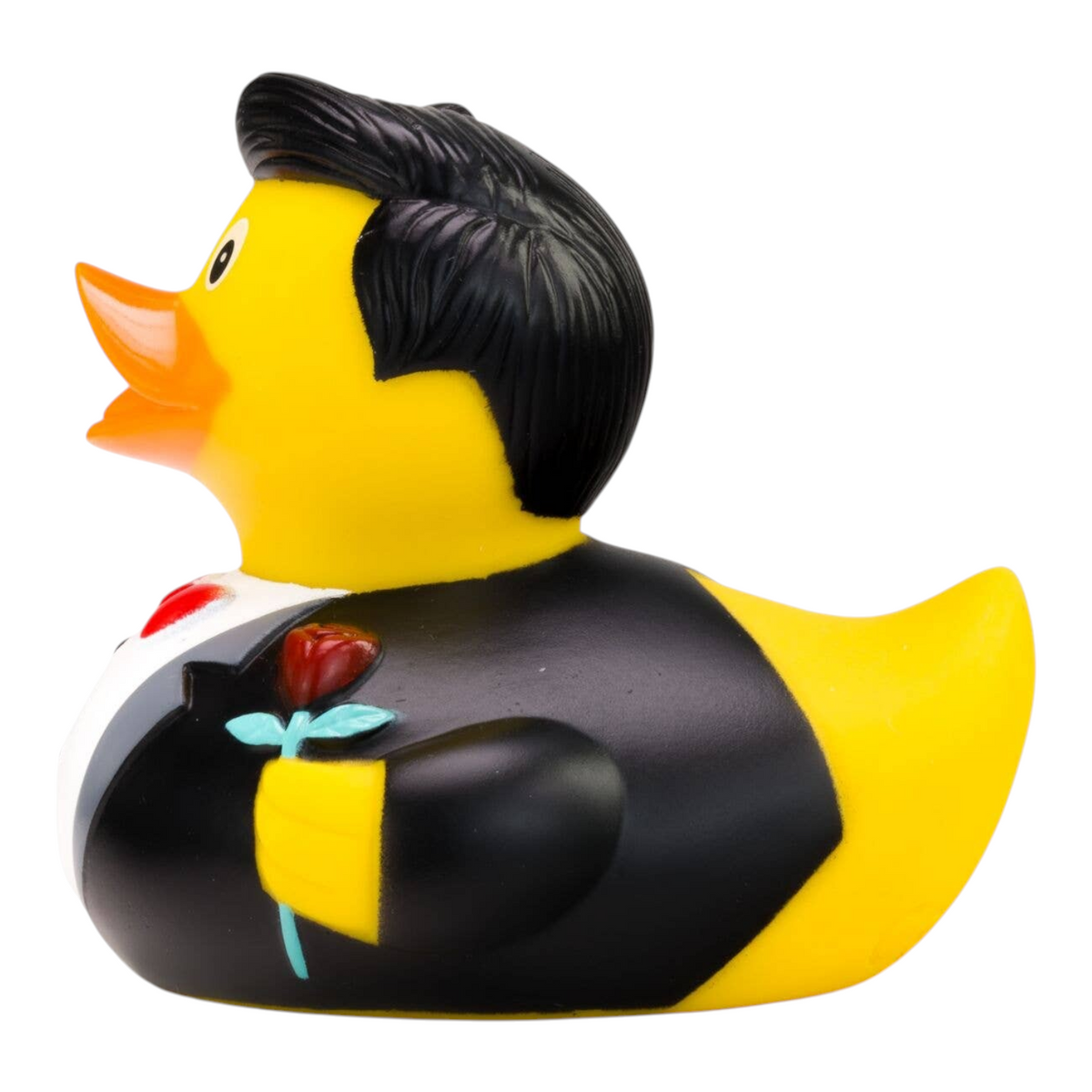 Connemara Country Bernd Bräutigam groom rubber duck wearing a black suit, white shirt, and red bow tie with a rose.