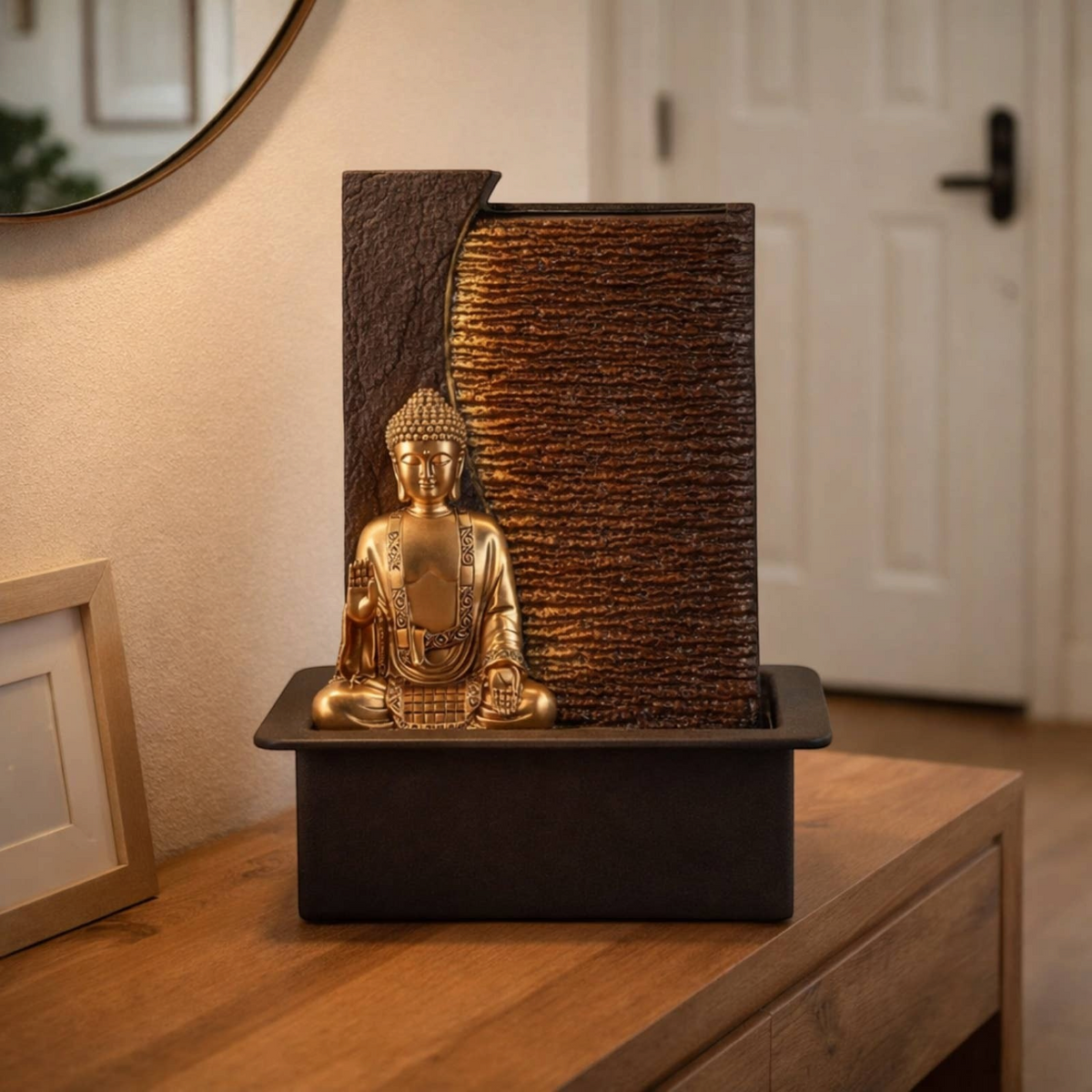 Connemara Country Zen Aroma Jati water wall fountain with a golden Buddha statue and integrated LED lighting.