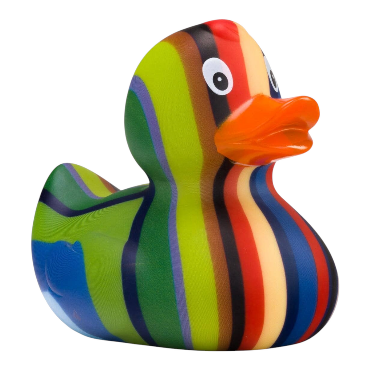 Connemara Country Lenny Stripes rubber duck featuring vibrant multi-colored vertical stripes and an orange beak.
