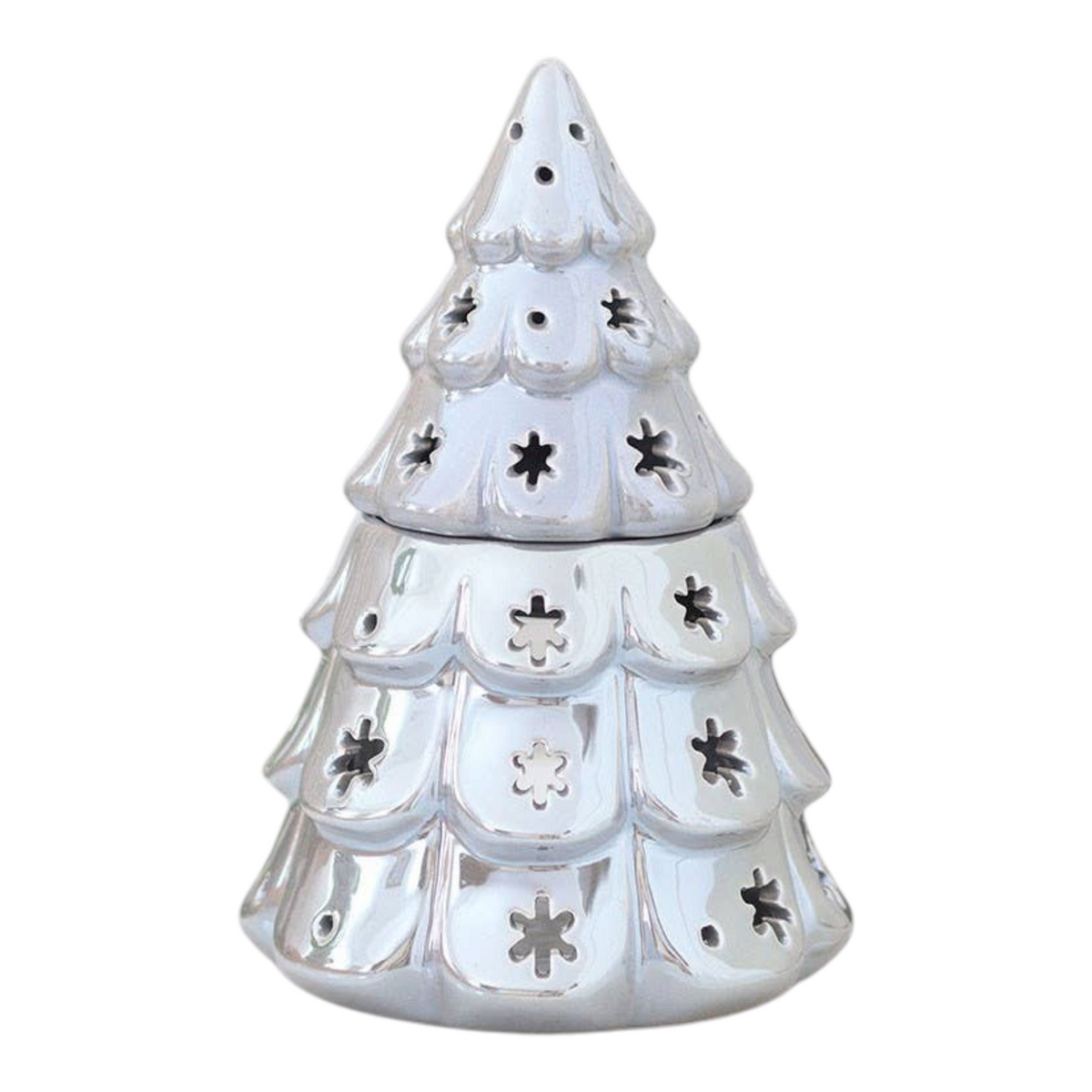 Connemara Country silver fir tree oil burner with snowflake cut-outs for festive home fragrance and winter decor.