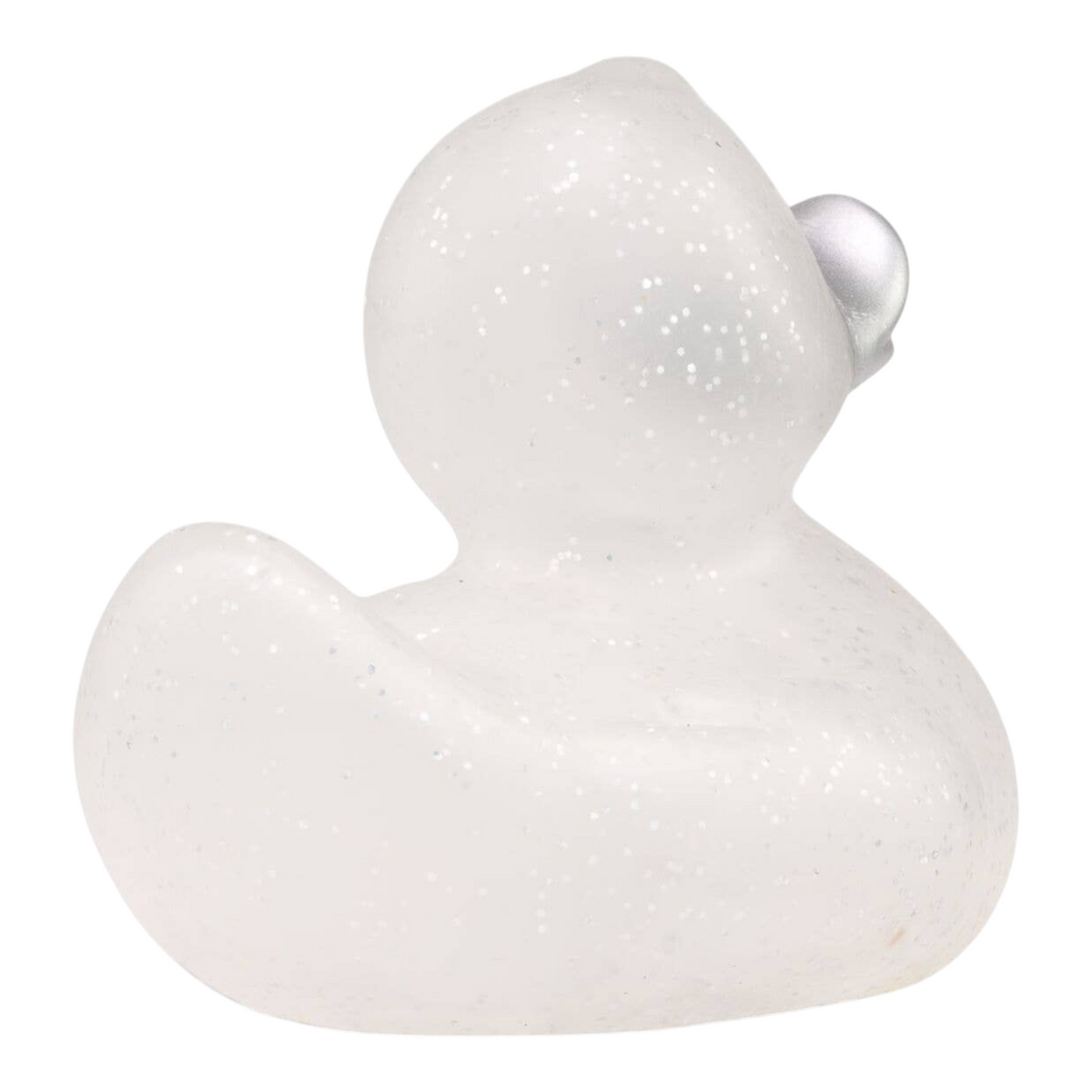 Connemara Country Silke Silver Glitter bath duck with a transparent body and sparkling silver particles, 8 cm tall.