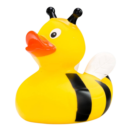 Connemara Country Susi Summ rubber duck designed as a honeybee with black stripes, antennas, and white wings.
