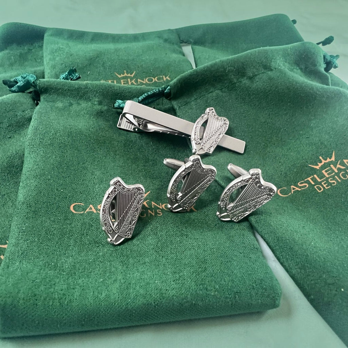 CastleKnock Designs Irish Harp Silver Plated Cufflinks Tie Clip and Suit Pin