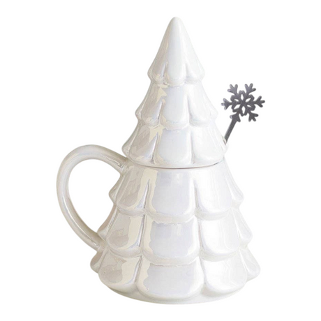 Connemara Country iridescent white ceramic fir tree mug with a matching snowflake spoon for festive winter drinks.