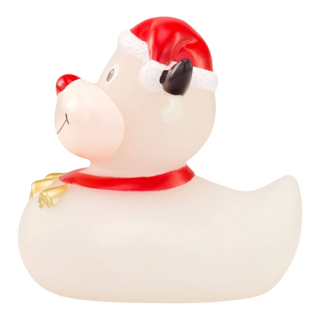 Connemara Country Rudolph the Reindeer rubber duck with a red nose, Christmas hat, and collar with golden bells.