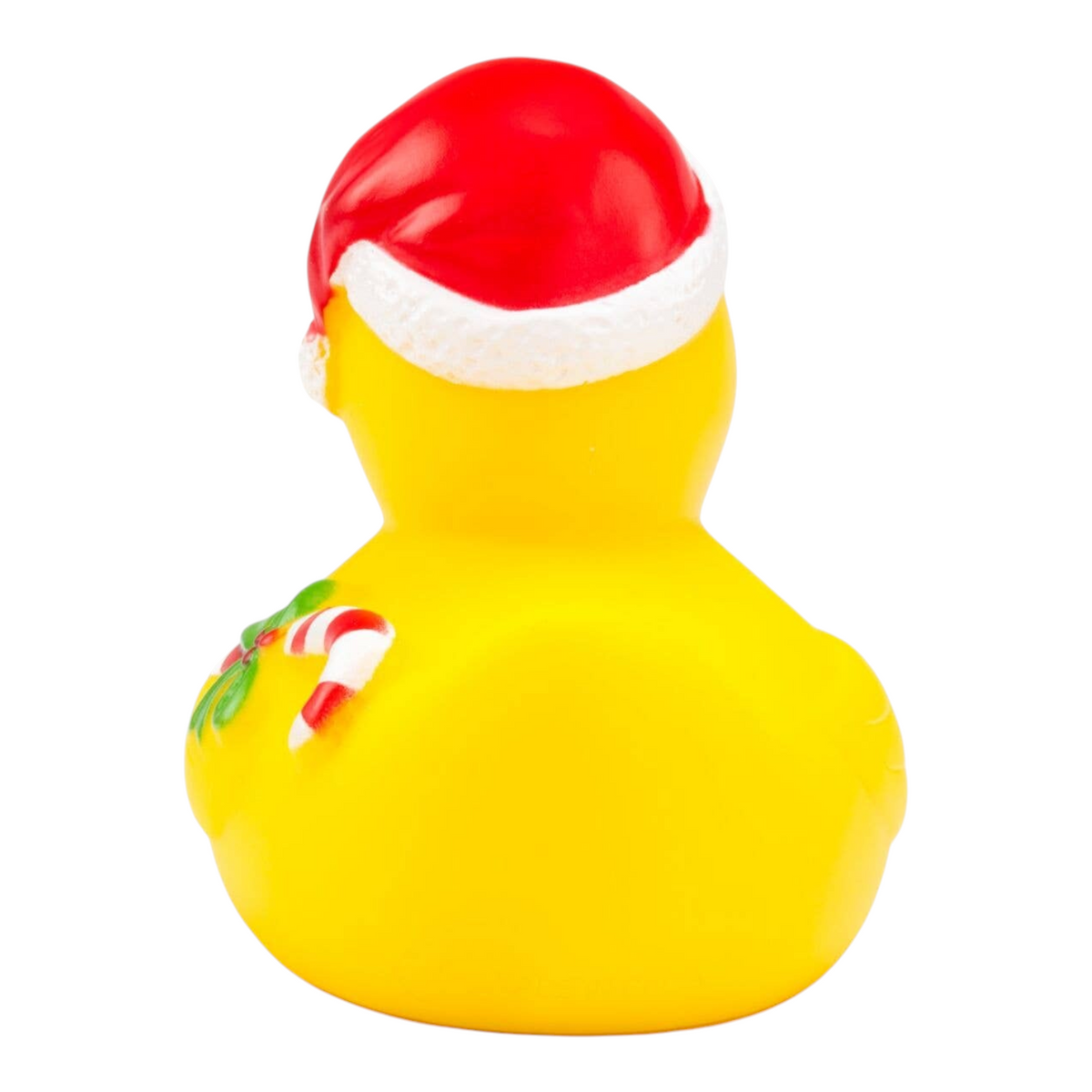 Connemara Country yellow rubber duck wearing a red Santa hat and holding a candy cane, back view.