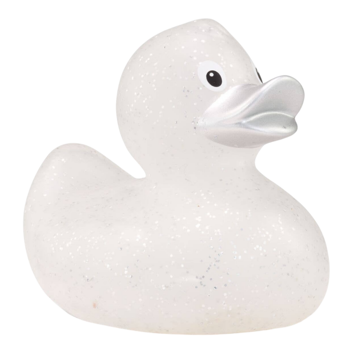 Connemara Country Silke Silver Glitter bath duck with a transparent body, silver sparkles, and a metallic silver beak.