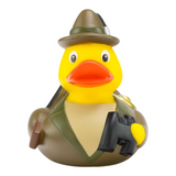 Connemara Country Jens Jäger rubber duck wearing a green hunting hat, holding binoculars and a rifle.