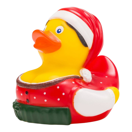 Connemara Country Theresa Trachtenherz rubber duck wearing a red Bavarian dirndl and a Christmas pointed hat.