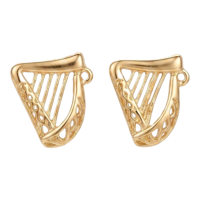 Connemara Country gold plated harp earrings featuring intricate Irish national emblem design.