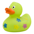 Connemara Country Beate rubber duck in bright green with colorful blue, yellow, and purple flower motifs