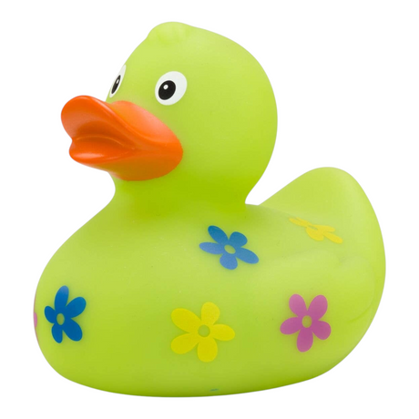 Connemara Country Beate rubber duck in bright green with colorful blue, yellow, and purple flower motifs
