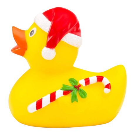 Connemara Country yellow rubber duck wearing a Santa hat and holding a candy cane with holly, 8cm Christmas toy