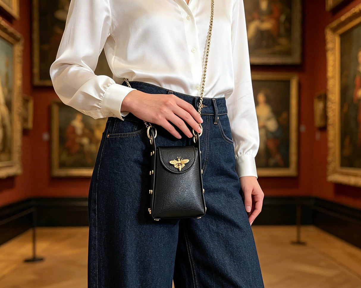Nanabags Vertical Leather Mini Bag with Bee Detail