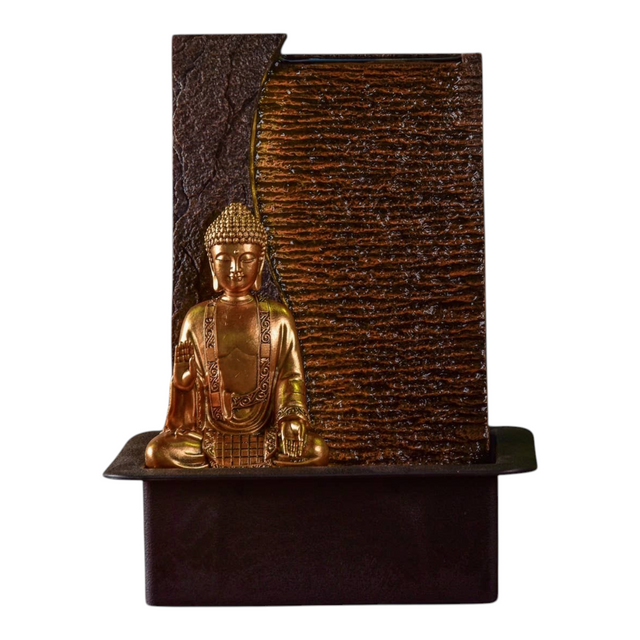 Connemara Country Zen Buddha water wall fountain with integrated LED lighting and removable gold statue