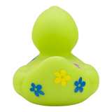 Connemara Country Beate rubber duck in bright green with colorful blue, yellow, and purple flower motifs, back view.