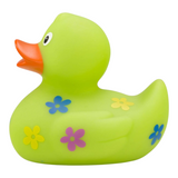 Connemara Country Beate rubber duck in bright green with colorful blue, yellow, and purple flower motifs