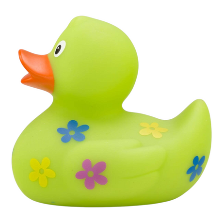 Connemara Country Beate rubber duck in bright green with colorful blue, yellow, and purple flower motifs