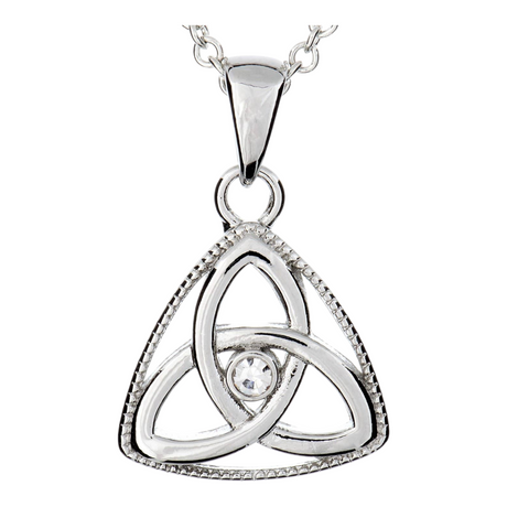 Connemara Country silver Trinity knot pendant featuring a central clear stone in an enclosed triangular frame