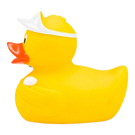 Connemara Country yellow rubber duck golfer wearing a white cap and holding a golf ball, side view