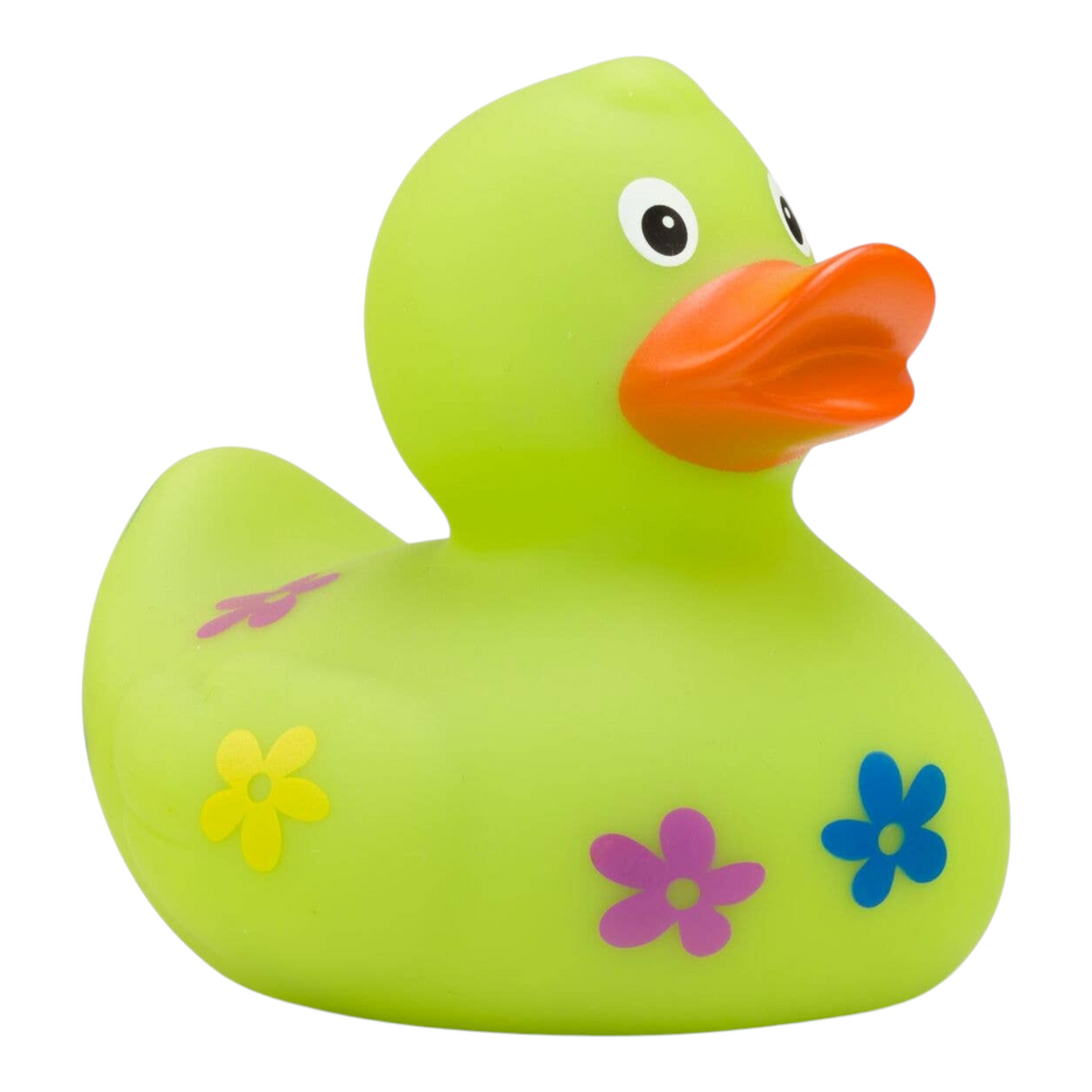 Connemara Country Beate rubber duck in bright green with colorful flower patterns and an orange beak