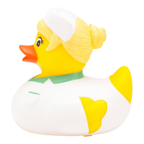 Connemara Country Gisela Health rubber duck dressed as a nurse in a white uniform and cap with blonde hair