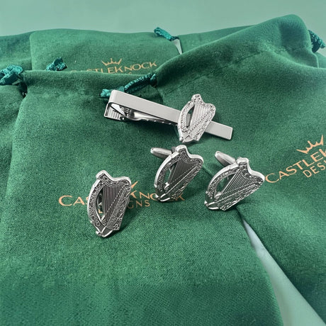 CastleKnock Designs Irish Harp Silver Plated Cufflinks Tie Clip and Suit Pin