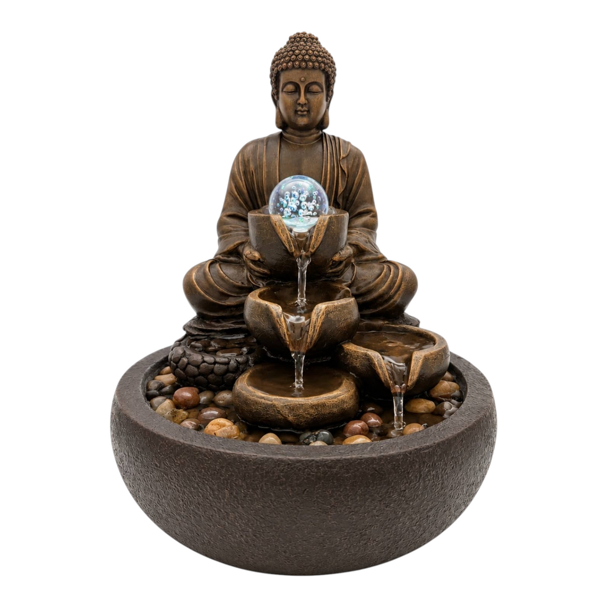 Connemara Country Zen Aroma Shanti Buddha indoor resin fountain with cascading water and a rotating LED glass ball