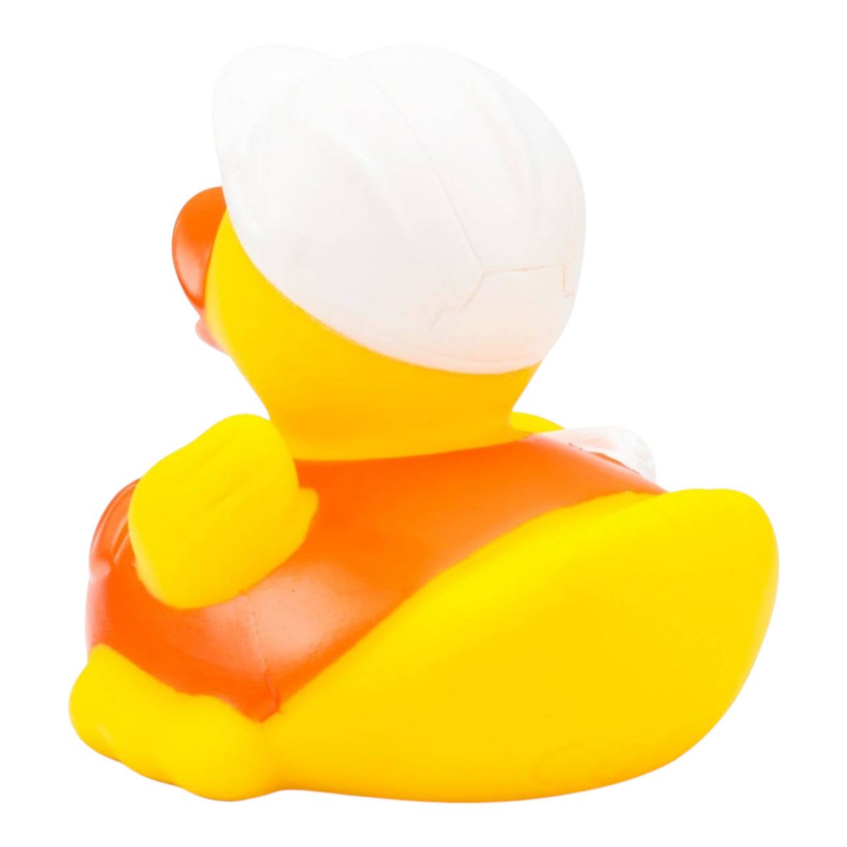 Connemara Country Bob construction manager rubber duck wearing a white hard hat and orange safety vest, back view
