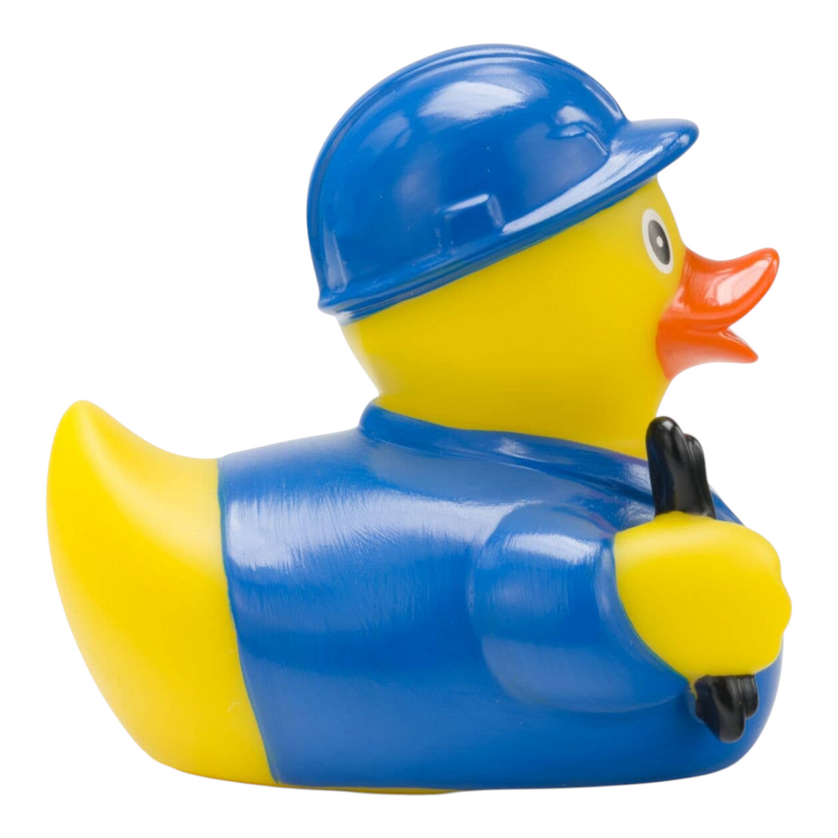 Connemara Country rubber duck dressed as an electrician in a blue hard hat and work shirt holding a voltage tester