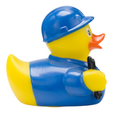 Connemara Country rubber duck dressed as an electrician in a blue hard hat and work shirt holding a voltage tester