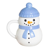 Connemara Country snowman shaped ceramic mug with a blue bobble hat lid and matching scarf for festive winter drinks.
