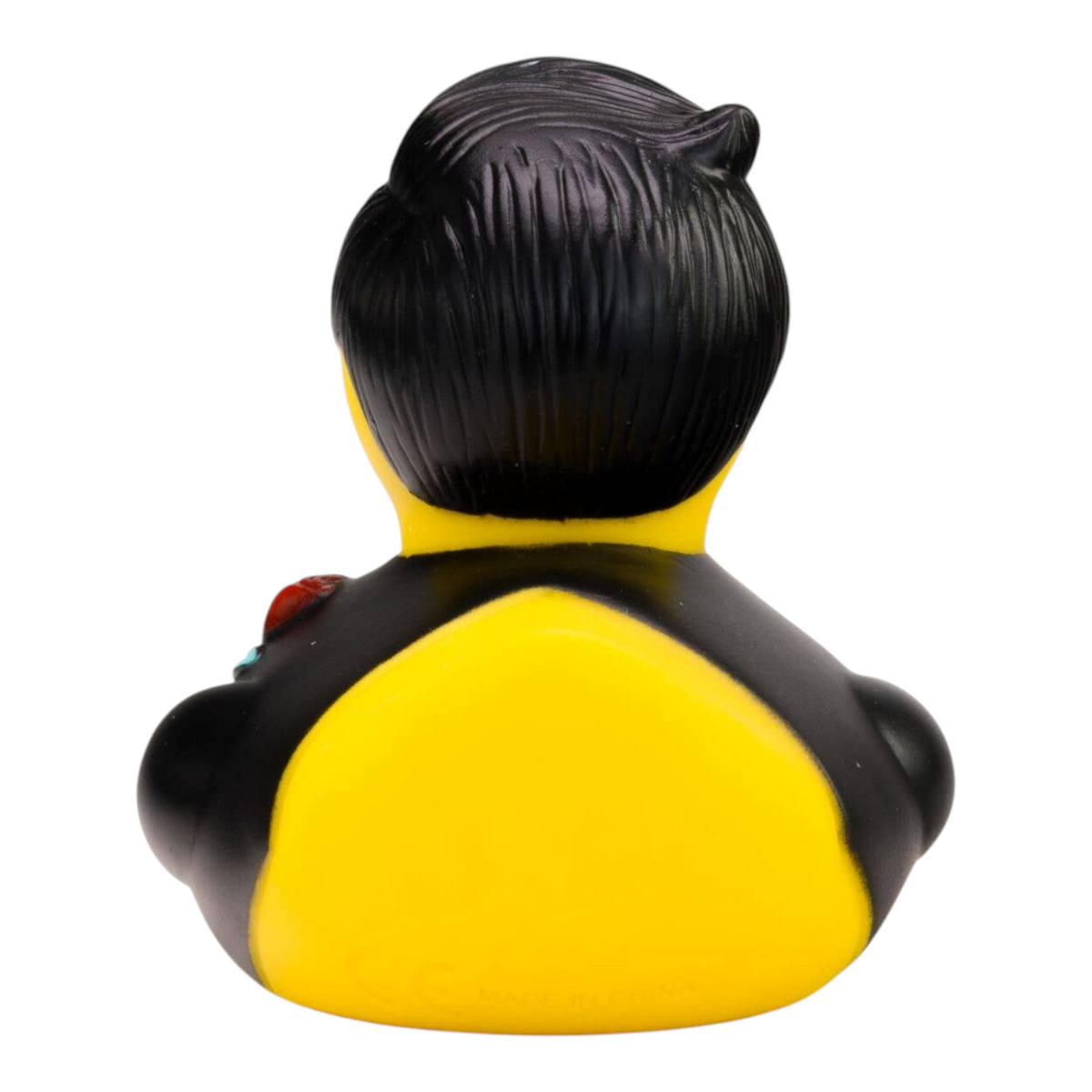 Connemara Country rubber duck groom wearing a black suit with black hair, viewed from the back