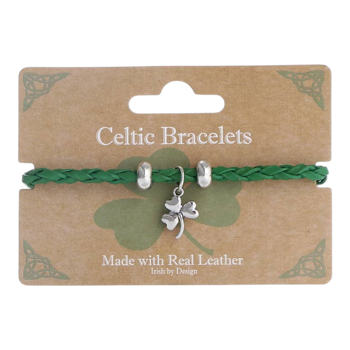 Celtic Ore Thin Twist Leather Bracelet Hanging Shamrock