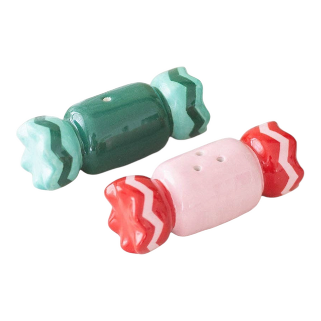 Connemara Country ceramic Christmas sweet-shaped salt and pepper shakers in green and pink with festive detailing.