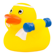 Connemara Country Herbert Hantel rubber duck wearing a headband and holding a blue dumbbell with a white towel