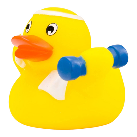 Connemara Country Herbert Hantel rubber duck wearing a headband and holding a blue dumbbell with a white towel
